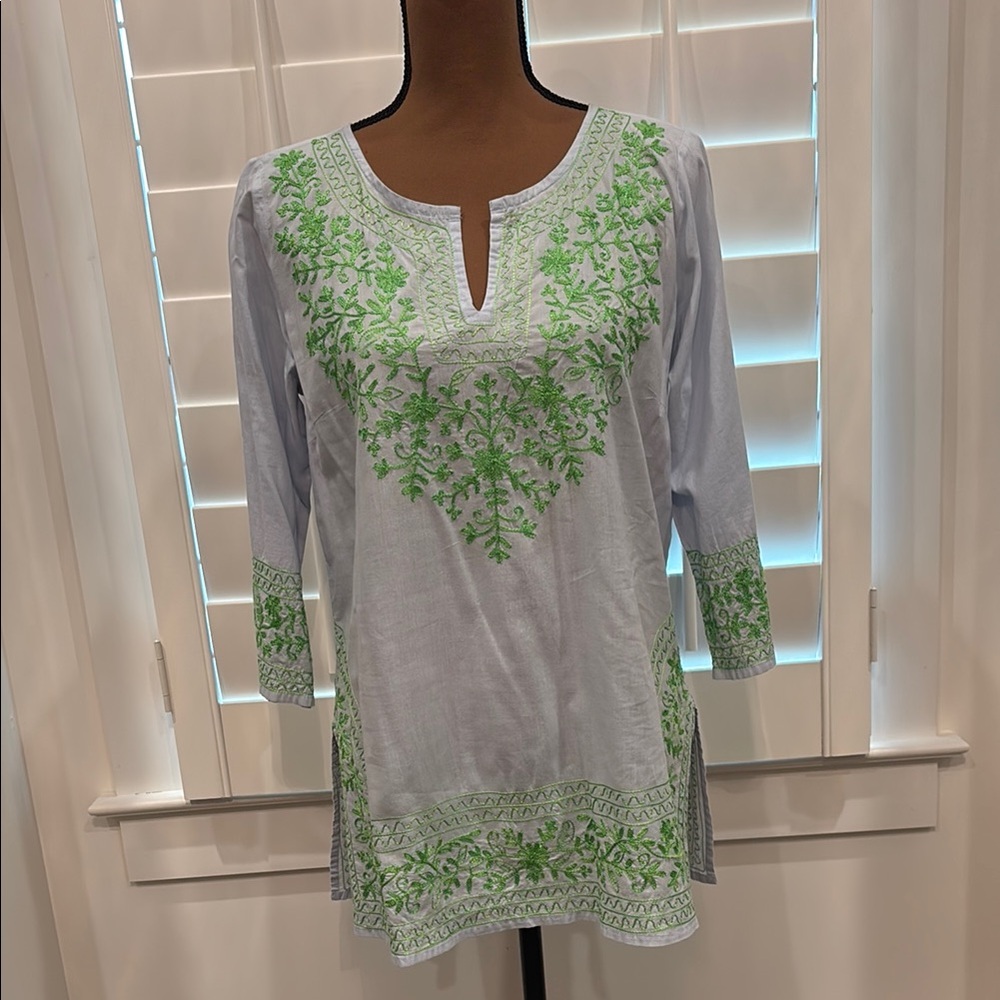 Embroidered Green and White Women's Top